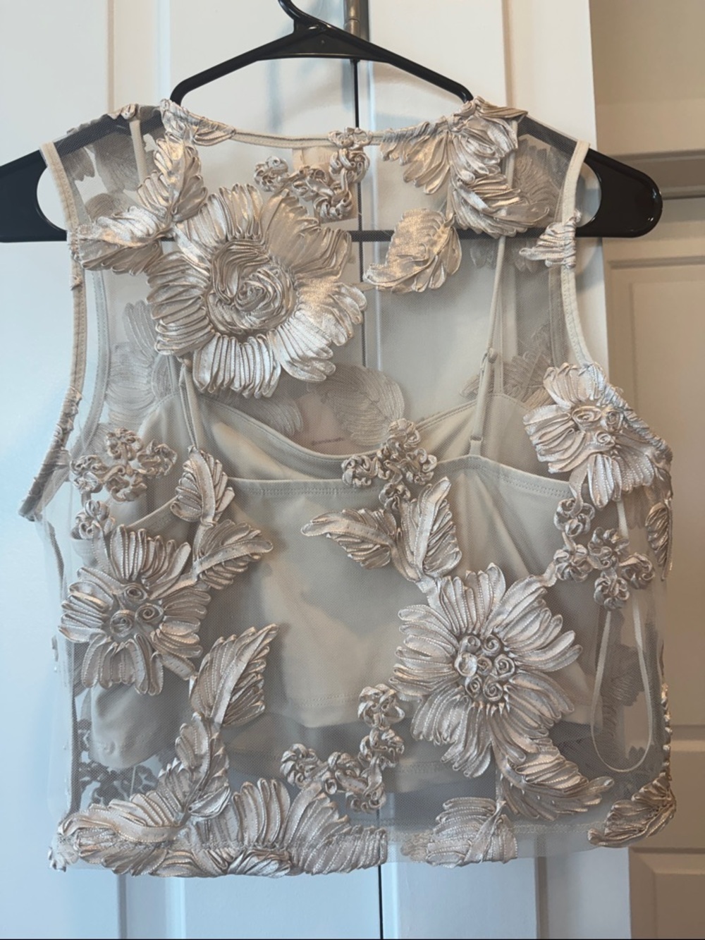 Camila Coelho Silver/ Cream Floral Appliqué Mesh Crop Top - Picture 5 of 6